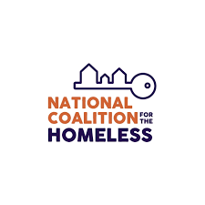 a logo which reads 'National Coalition' in orange and 'for the Homeless' in blue. The text is beneat a blue outline of a key with outlines of houses across where the jagged part of the key would be